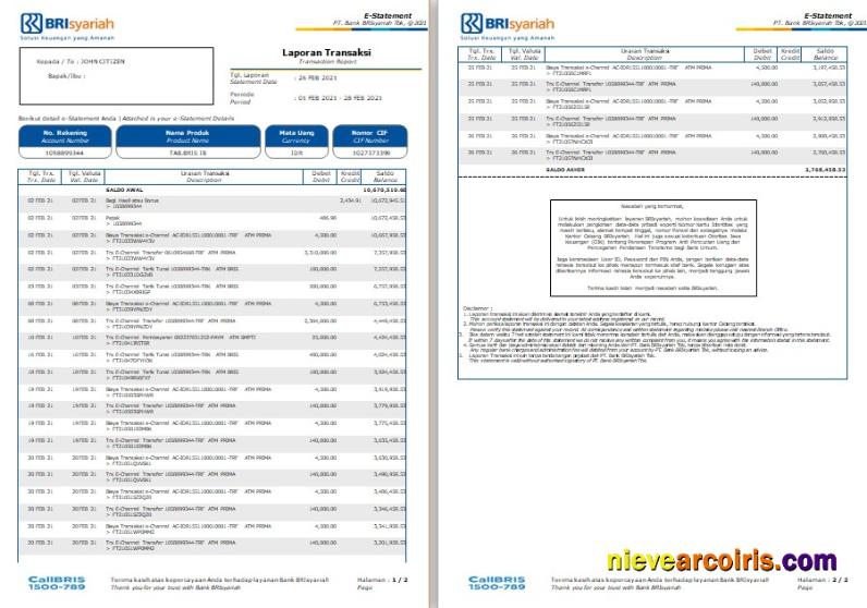 Indonesia BRIsyariah bank statement, Word and PDF format, 2 pages
